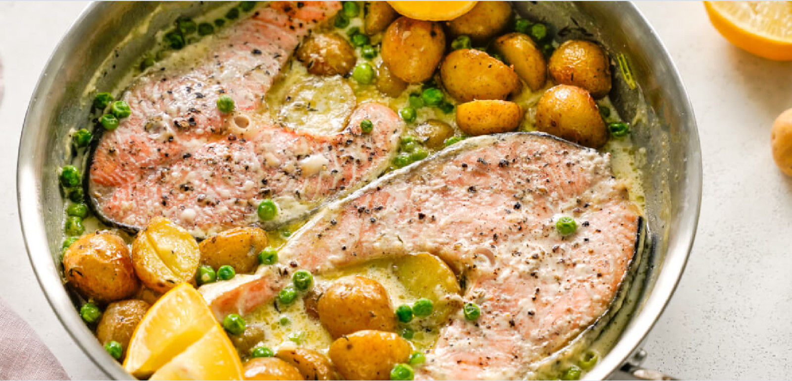 One Pan Creamy Salmon, Potatoes & Peas