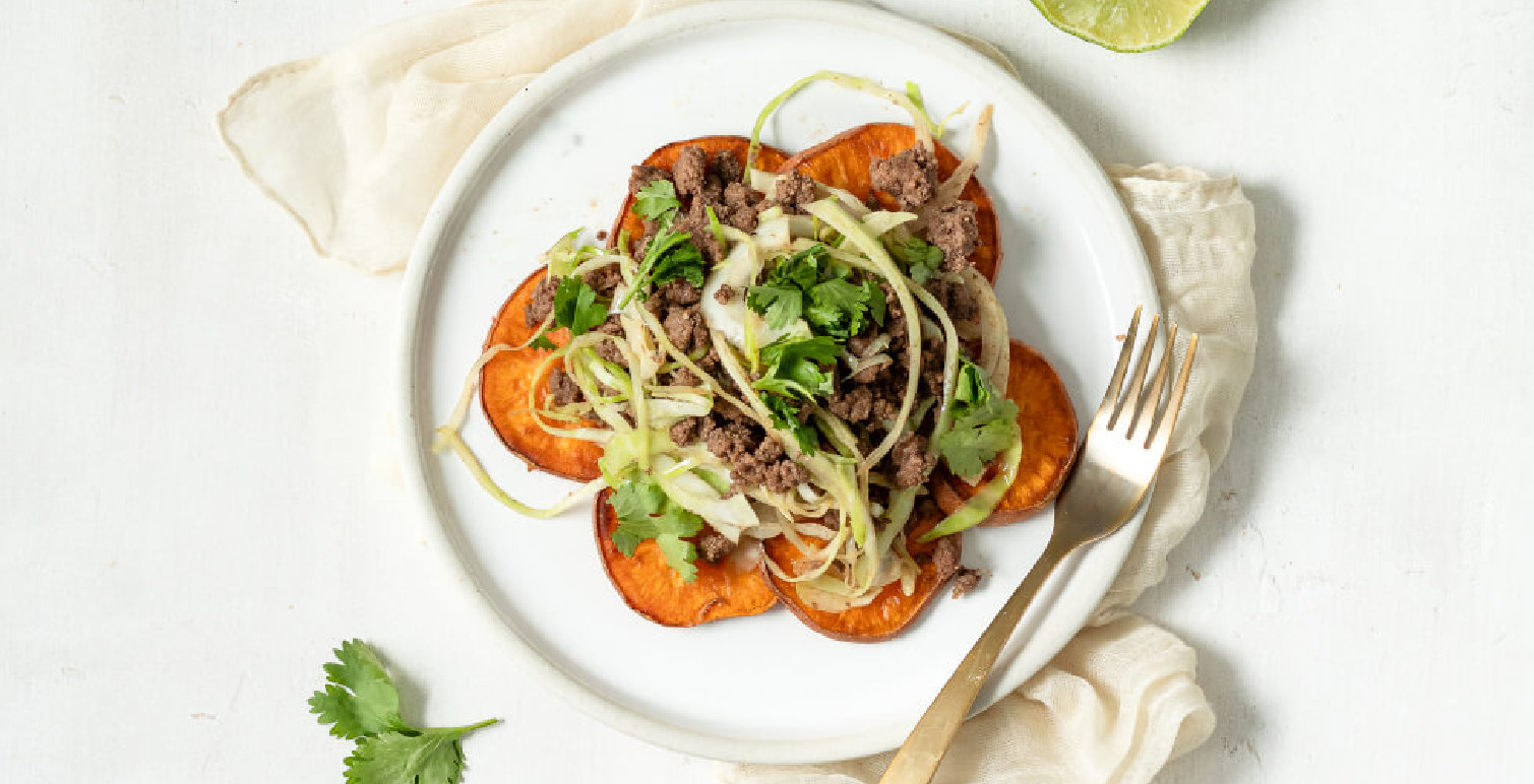 Sweet Potato Rounds with Cabbage and Beef