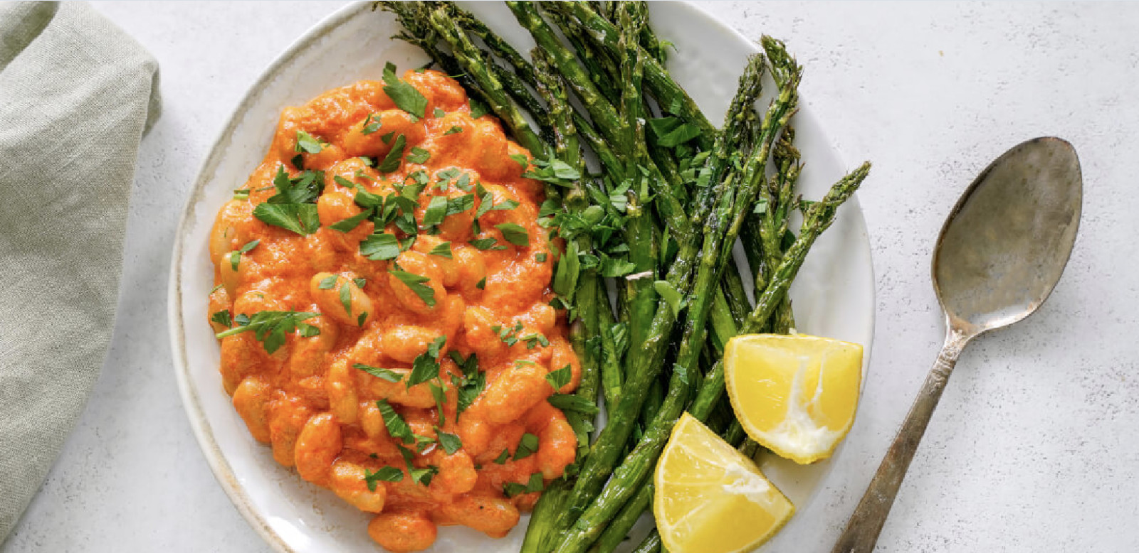 Roasted Red Pepper and Tahini Beans with Air Fryer Asparagus