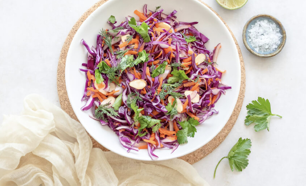 Cabbage Slaw with Fresh Herbs, Almonds and Lime