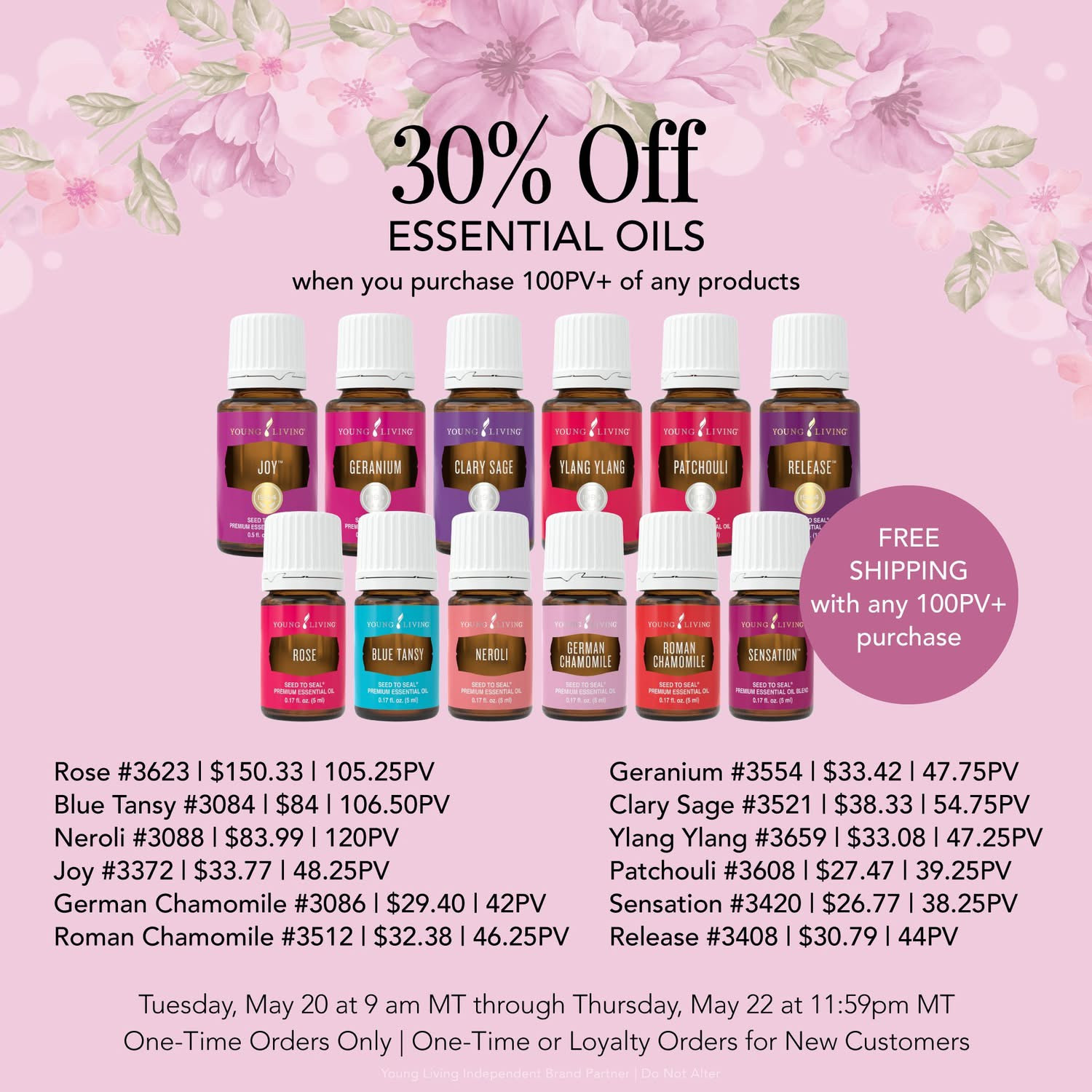 30% off select oils, personal care and free shipping on 100pv orders!  